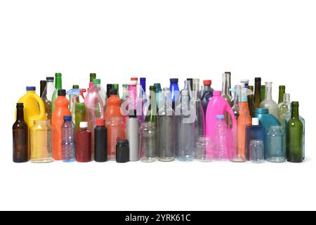 set of bottles, glass and plastic containers that are used and are for recycling on white background Stock Photo