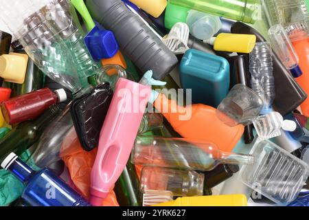 close up of a garbage, group of plastic and glass containers isolated on white background Stock Photo