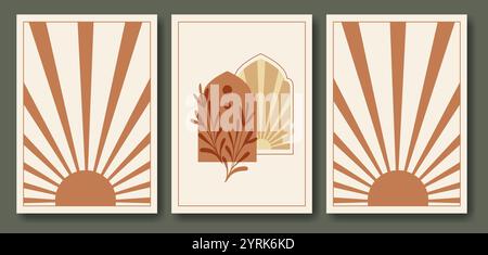 Beige colors arabian sunset poster collection. Minimalist aesthetic geometric illustration. Modern wallpaper art boho style artistic design. Contempor Stock Vector