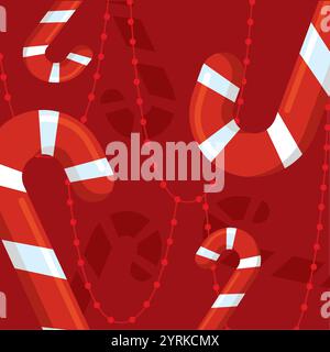 Candy canes and garlands on red background Vector Stock Vector