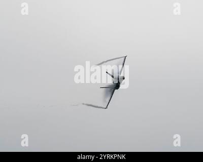 Wingtip vortices on a Royal Canadian Air Force CF-188A Hornet in flight Stock Photo