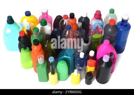 elevated view of a group of plastic bottles for recycling on white background Stock Photo