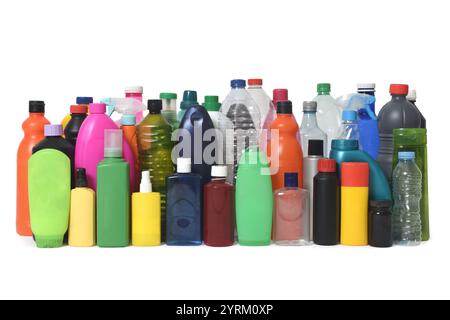 front view of a group of plastic bottles for recycling on white background Stock Photo