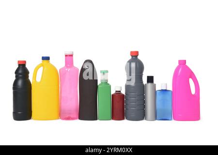 line of a group of plastic bottles for recycling on white background Stock Photo