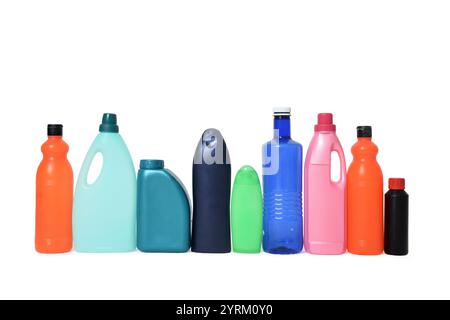 line of a group of plastic bottles for recycling on white background Stock Photo