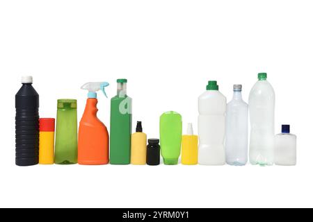 line of a group of plastic bottles for recycling on white background Stock Photo