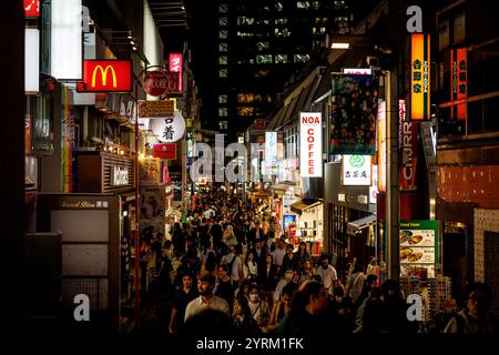 TOKYO, JAPAN - October, 22, 2024: Streets billboards in Shinjuku's Kabuki-cho district in Tokyo, JP. The area is a nightlife district known as Sleeple Stock Photo