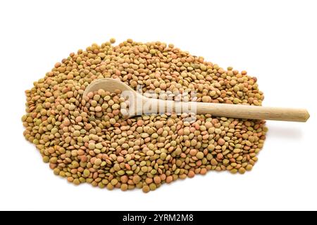 Lentils group with wooden spool isolated on white bacground Stock Photo