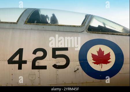 F-101 Voodoo jet with Canadian maple leaf insignia. Alberta Aviation Museum. Edmonton. Alberta, Canada Stock Photo