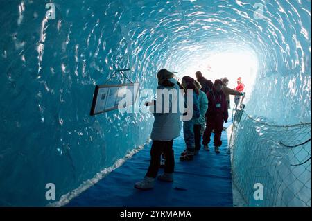 Le Montenvers. Winter. Mer de Glace Glacier Ice Cave. Visitors. Chamonix. Mont-Blanc. Haute-Savoie. French Alps. France. Stock Photo