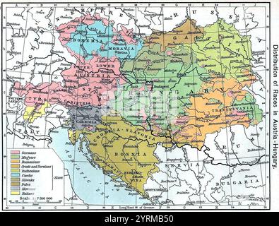 Distribution of Races including Slovenes, Slovaks, Czechs and other Slav ethnic groups in Austria-Hungary. from the Historical Atlas by William R. Shepherd, 1911. The map shows ethnic and language distribution. Stock Photo