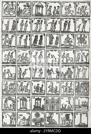 Print shows forty-eight numbered scenes relating to the life of Charles IV, King of Spain. In image number forty-one, a man in a balloon is waving a flag to commemorate the accession of Charles IV as King of Spain and his entrance into Barcelona in 1788. Charles IV (1748 ?  1819) was King of Spain and ruler of the Spanish Empire from 1788 to 1808. Stock Photo