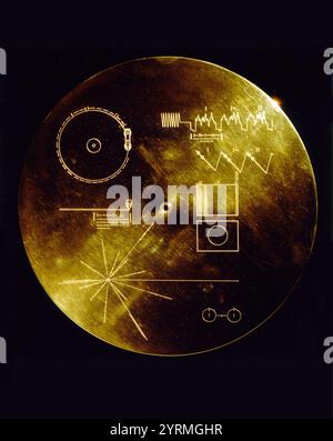 Gold aluminium cover designed to protect the Voyager 1 and 2 'Sounds of Earth' gold-plated records from micrometeorite bombardment, but also serves a double purpose in providing the finder a key to playing the record. Stock Photo