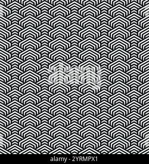 Hexagon pattern with concentric shapes, overlapping in black and white for a dynamic and hypnotic visual effect Stock Vector