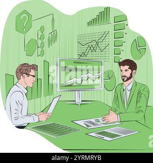 Conducting stakeholder interviews to identify and understand problems in the decision-making process. Outline vector illustration. Stock Vector