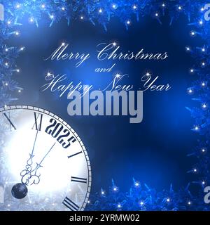 Merry Christmas and New Year. Square template with clock, snowflakes. Countdown until midnight. 2025. Dark blue background. Vector illustration. Stock Vector