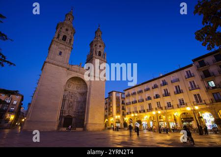 Spain, La Rioja Region, La Rioja Province, Logrono, Cathedral of Santa Maria de la Redonda, dusk Stock Photo