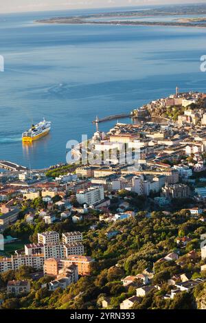 France, Corsica, Haute-Corse Department, Le Cap Corse, Bastia, elevated city view from the Bastia Corniche, dawn Stock Photo