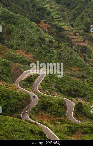 Spain, Canary Islands, Tenerife, Taganana, coastal mountain road, elevated view. Stock Photo