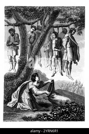 Steel Engraving of King Saul's Seven Sons Hanged (Samuel) The Gibeonites Hanged the Seven Sons of Saul and  Rizpah Daughter of Aiah and Concubine of K Stock Photo