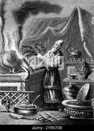 Steel Engraving of the Feast of the Tabernacles (Ezra) High Priest at the Altar with a Burnt Offering  Commemorating the 40 Year Journey of the Israel Stock Photo