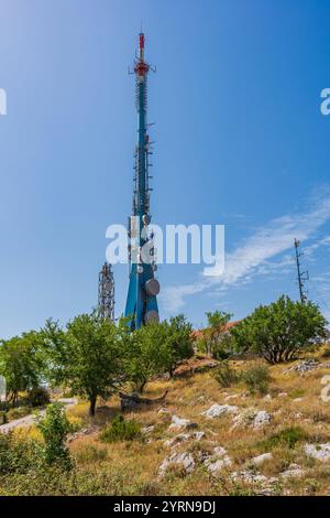 Radio Television Transmitter Tower on Mount Srd in Dubrovnik, Croatia Stock Photo