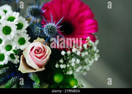 Flowers, Bouquet, Rose, Pink, Gerbera, Baby breath Stock Photo