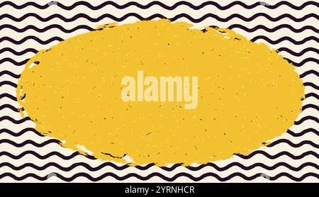 Grunge vintage oval sticker with torn edges. Rough edges yellow oval frame on blue wavy background. Vector silhouette for stickers, banners. Stock Vector