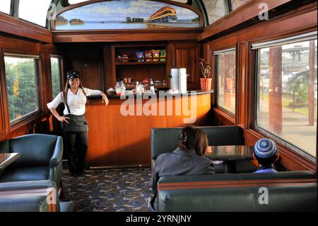 dining car,Panama Canal Railway that links the Atlantic Ocean, Colon, to the Pacific Ocean, Panama City,Republic of Panama,Central America Stock Photo