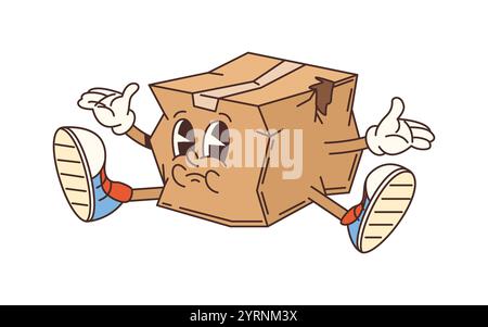 Groovy broken delivery cardboard box character sitting on floor with disappointed face. Cartoon vector bent and crumpled package retro personage with unhappy expression, conveys shipping mishaps Stock Vector