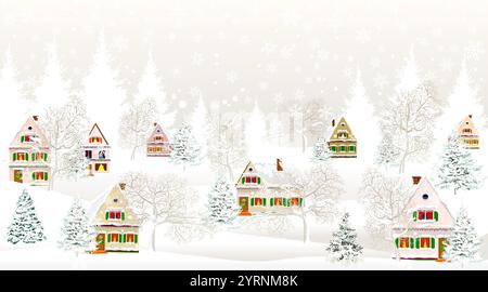 Winter rural landscape. Christmas Eve. Houses covered with snow. Snowy forest. Christmas night. Stock Vector