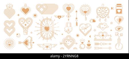 Golden boho Valentine symbols of love hearts with vector line bohemian pattern. Abstract minimal art moon, esoteric eye, magic love potion. Valentines Day holiday boho hearts, Cupid arrows and letter Stock Vector