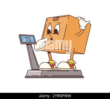 Groovy delivery cardboard box cartoon character weighing. Isolated vector funny parcel retro personage standing on scales with confused face. Funny cargo pack ready for mail or post shipping service Stock Vector