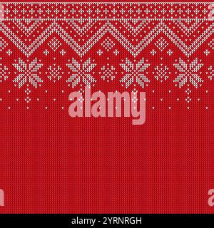 Winter snowflake Christmas knit sweater pattern. Vector traditional red knitted background featuring white snowflakes and geometric figures. Festive textile, wrapping paper, cozy winter holiday tile Stock Vector