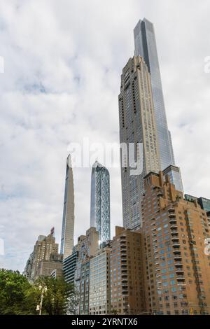 New York, NY, US-November 11, 2024: Looking up at skyscrapers in mid-town Manhattan including the new pencil towers or super slender skyscrapers. Stock Photo