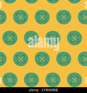 Seamless pattern featuring stylized green buttons with crossed stitching on a yellow background, ideal for textiles and design projects. Stock Vector
