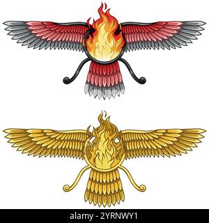Vector design of Faravahar symbol, symbol of Zoroastrian religion, winged disk with burning fire, Zoroastrian fire temple Stock Vector