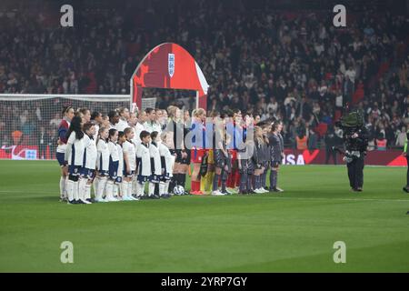 Teams line up for national anthems England v USA Wembley Stadium London Lionesses England women's football team 30 November 2024 Stock Photo