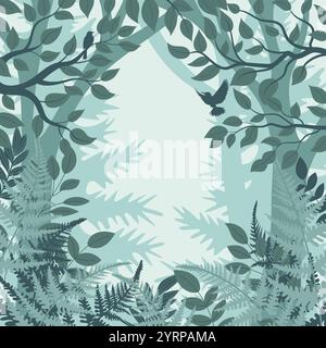 Vector flat art of a lush forest scene, featuring silhouetted trees, leafy branches. Stock Vector