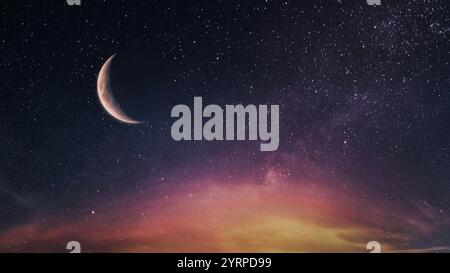 Beautiful moon on the starry sky with clouds after sunset. Stars and moon wallpaper Stock Photo
