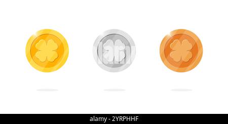 Antique money aesthetic game currency coins. Gold, silver, bronze medals with clover leaf icons. Designed for video game UIs or app animation. Highlighting casino triumph and treasure cash concept Stock Vector