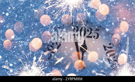 Countdown to midnight. Retro style clock counting last moments before Christmas or New Year 2025. Vintage. Vintage watch points to New Year 2025 in sn Stock Photo