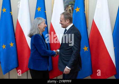 Polish Prime Minister Donald Tusk welcomes Secretary-General of the Council of the European Union (EU) Therese Blanchet. A meeting took place between the Secretary-General of the Council of the European Union, Therese Blanchet, and members of the Polish government. The discussion focused on preparations for Poland's six-month presidency of the EU Council, set to begin on January 1, 2025. Prime Minister Donald Tusk presented the key priorities and challenges for this term, highlighting security as the central theme. This presidency marks the second time Poland has taken on since becoming an EU Stock Photo
