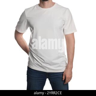 Man in blank t-shirt on white background, closeup. Mockup for design Stock Photo