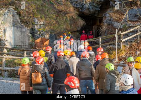 Dossena Italy 30 November 2024: People training for evacuation in case of chemical disaster Stock Photo