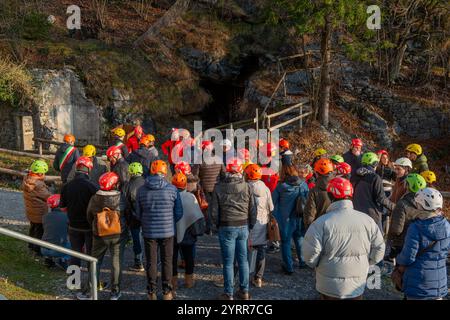 Dossena Italy 30 November 2024: People training for evacuation in case of chemical disaster Stock Photo