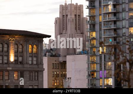 Twilight view of the skyline buildings of the historic core neighborhood of downtown Los Angeles, California, USA. Stock Photo