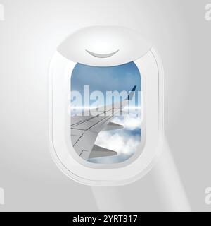 A panoramic view from an airplane window with a close-up of the wing. Stock Vector