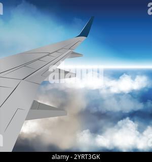 A panoramic view from an airplane with a close-up of the wing. Stock Vector