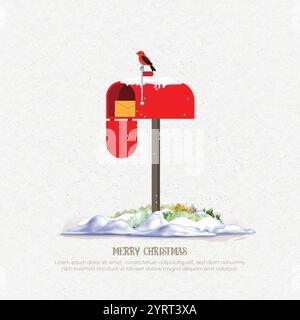 Red mailbox Christmas card illustration with winter bird Stock Vector
